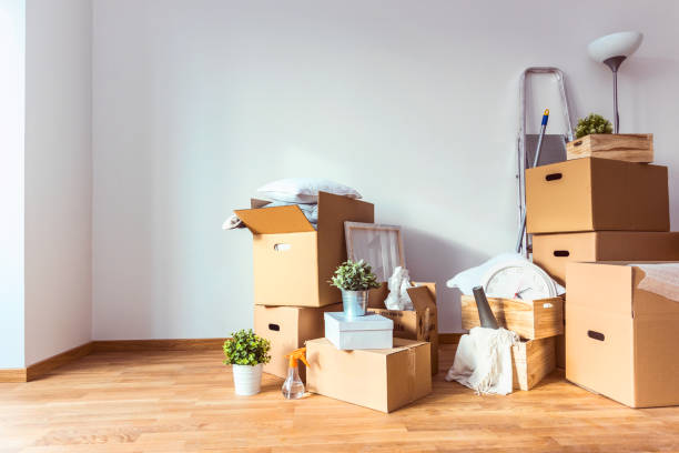 moving boxes in front of a empty white wall