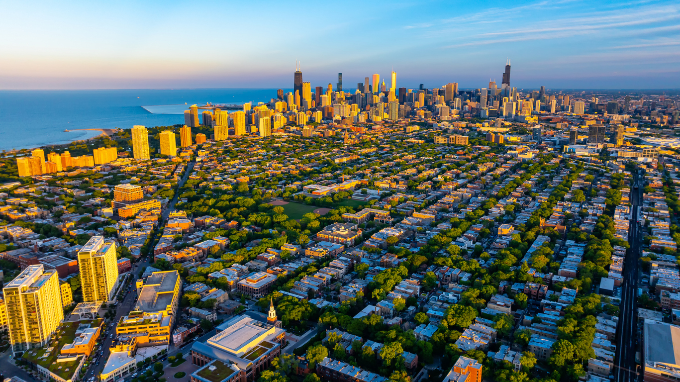Green uptown and high-rise downtown of Chicago, Illinois