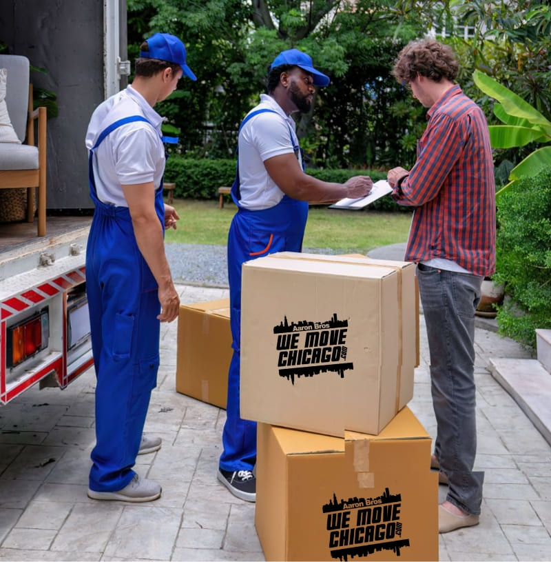 Aaron Bro movers talking with client