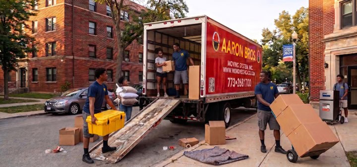 Aaron Bros Moving System crew loading boxes and furniture into a truck outside a Chicago apartment building
