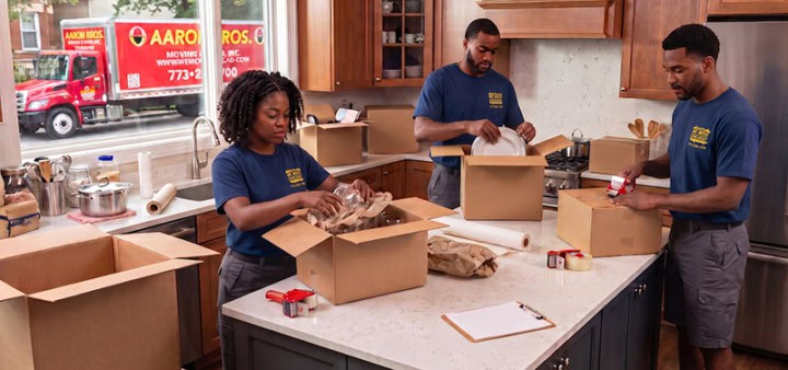 Aaron Bros Moving System team packing kitchen items into boxes with the company truck visible outside