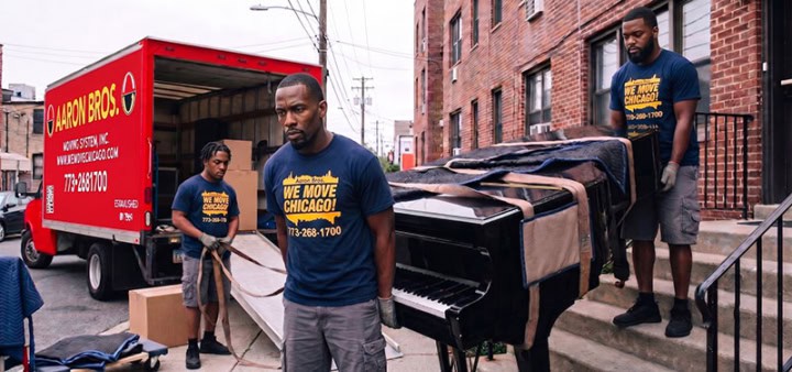 Aaron Bros Moving System crew carrying a wrapped piano out of the company truck onto a residential sidewalk