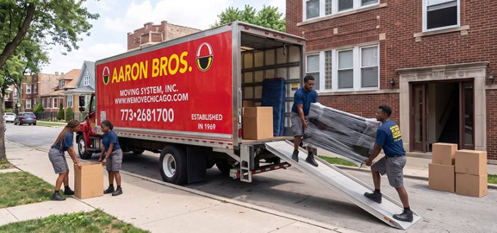 Aaron Bros Moving System crew carrying a wrapped mattress down a truck ramp during a residential move in Chicago
