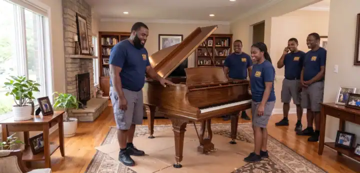 Aaron Bros Moving System crew standing around a grand piano successfully delivered into a client's living room